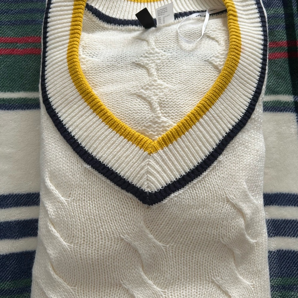 H&M Women’s White V-Neck Sweater with Yellow and Black Trim